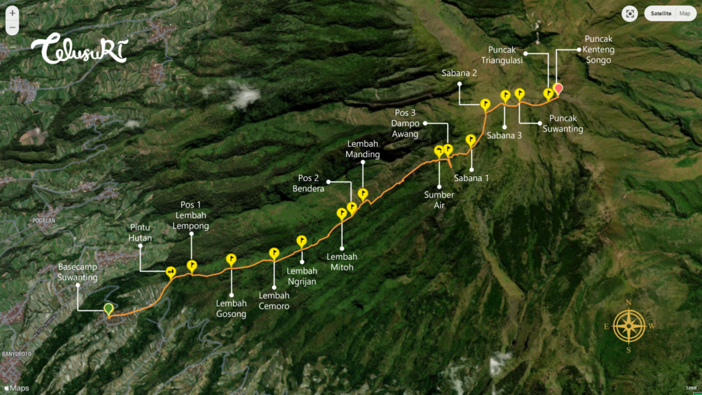 Peta Pendakian Gunung Merbabu via Suwanting (diolah dengan aplikasi Garmin Basecamp dan Wikiloc)